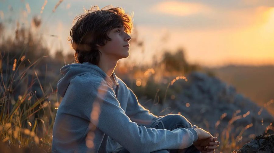 Adolescent serein assis dans la nature au coucher du soleil